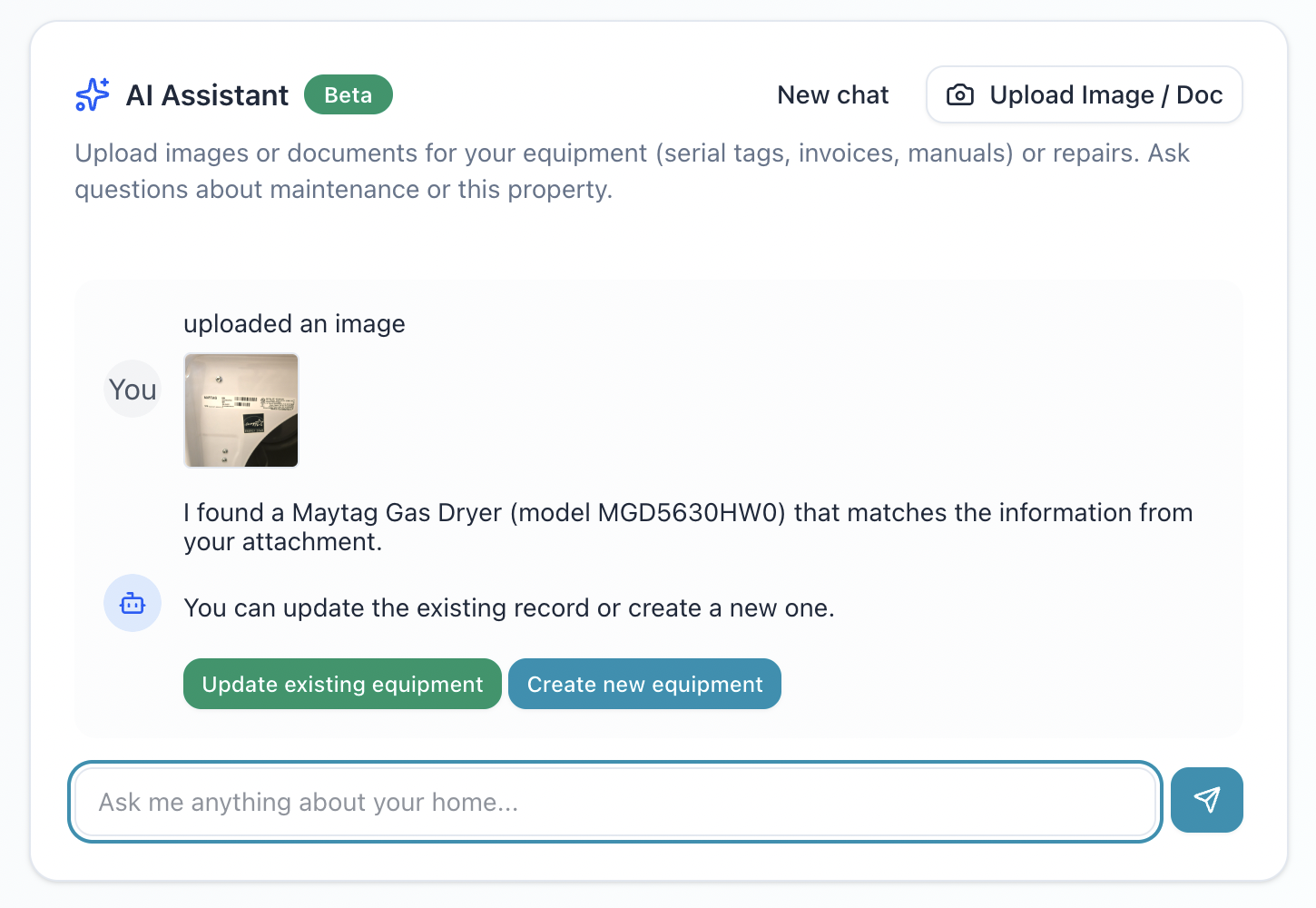 AI Assistant analyzing appliance serial number and extracting equipment information
